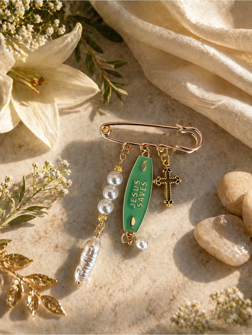 Gold Safety Pin Charm Brooch with Green 'Jesus Saves' Tag